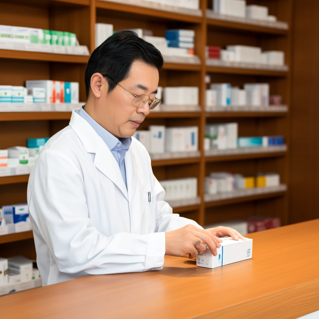 藥師仔細檢查藥品包裝,專業藥局諮詢服務